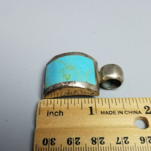Vintage Mexican Sterling Silver Blue Turquoise Pendant, Curved Shape, Mexico - Picture 5 of 8